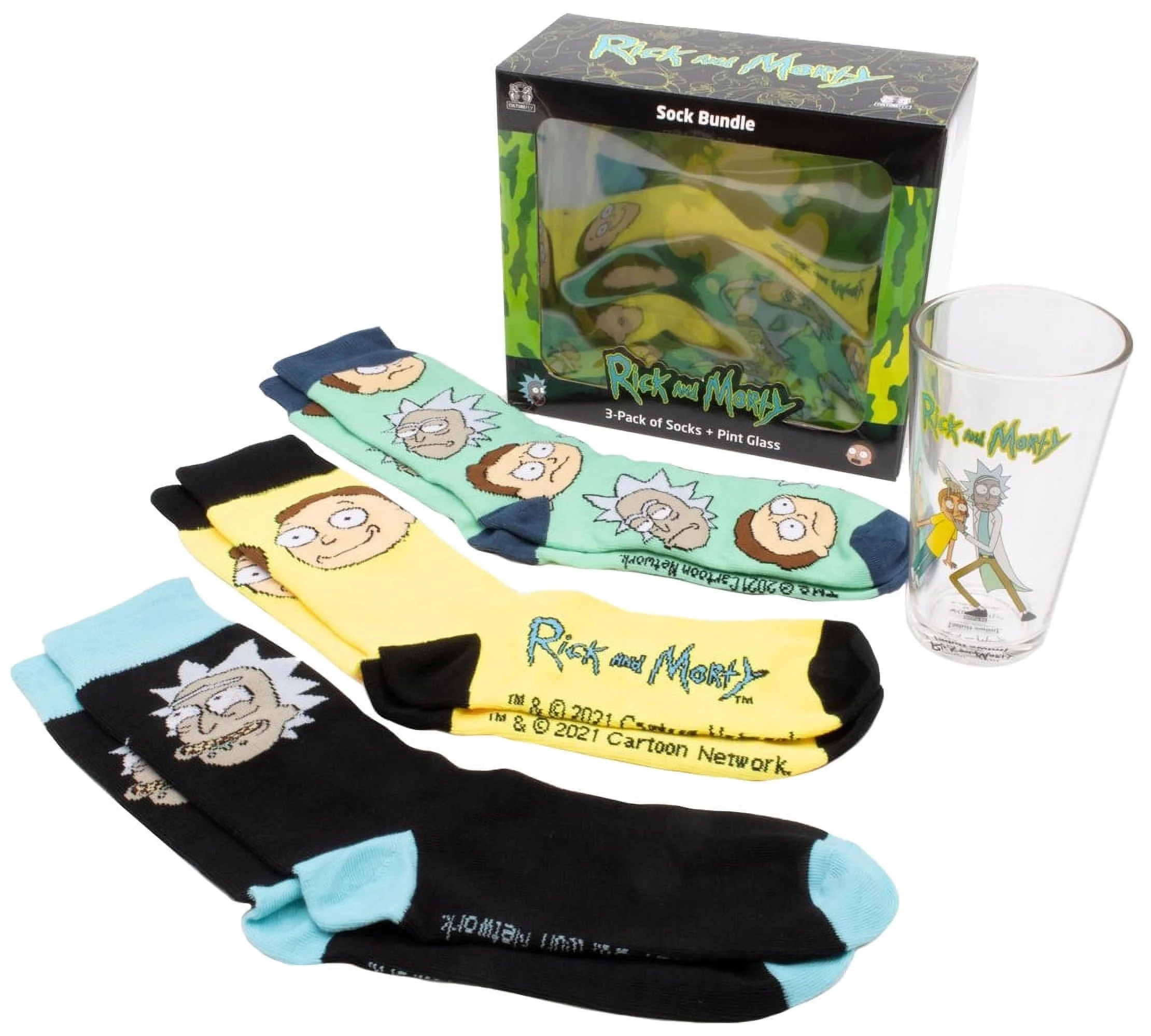 Rick and Morty 3 Pairs of Socks Plus Open Your Eyes Pint Glass Gift Set Bundle