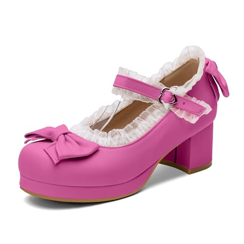 100FIXEO Womens Platform Mary Jane Shoes Ankle Strap Kawaii Block Mid Thick Heel Pumps with Bow and Lace