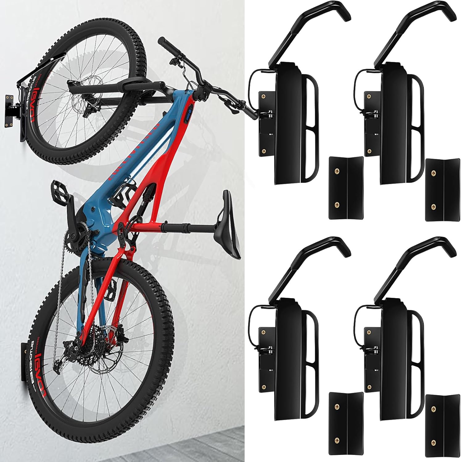 4 Pcs Swivel Bike Racks Wall Mount 180 Degrees Swivel Bike Hanger Hooks for Garage Space Saving Sturdy Vertical Bike Hanger Hold up to 50 Lbs Multi Angle Bicycle Storage Rack, Black