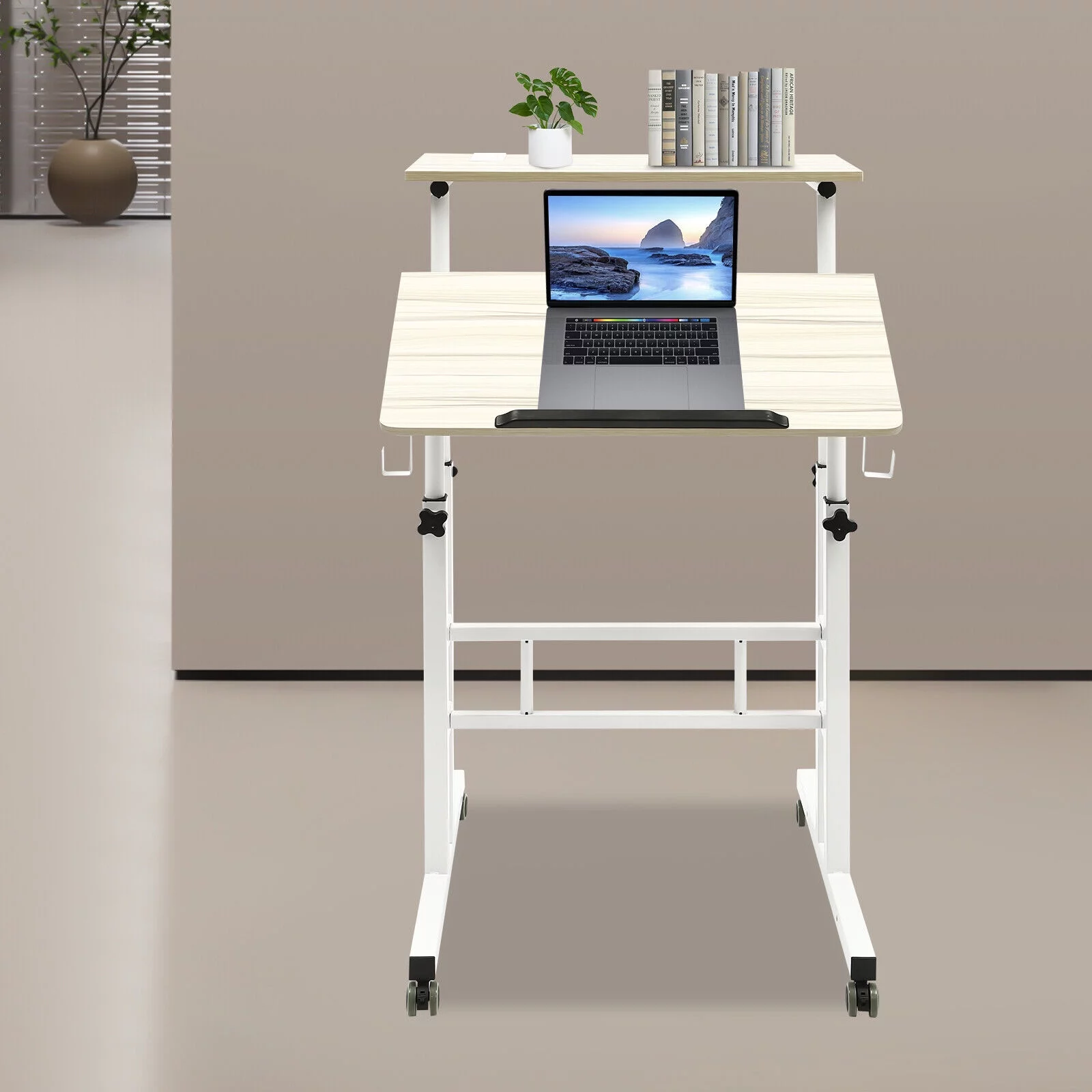 115cm Stand Up Height Adjustable Laptop Desk Rolling Computer Workstation Table,MDF Carbon Steel Standing Laptop Stand,2 T-Shaped Base Brackets with 4*Wheels