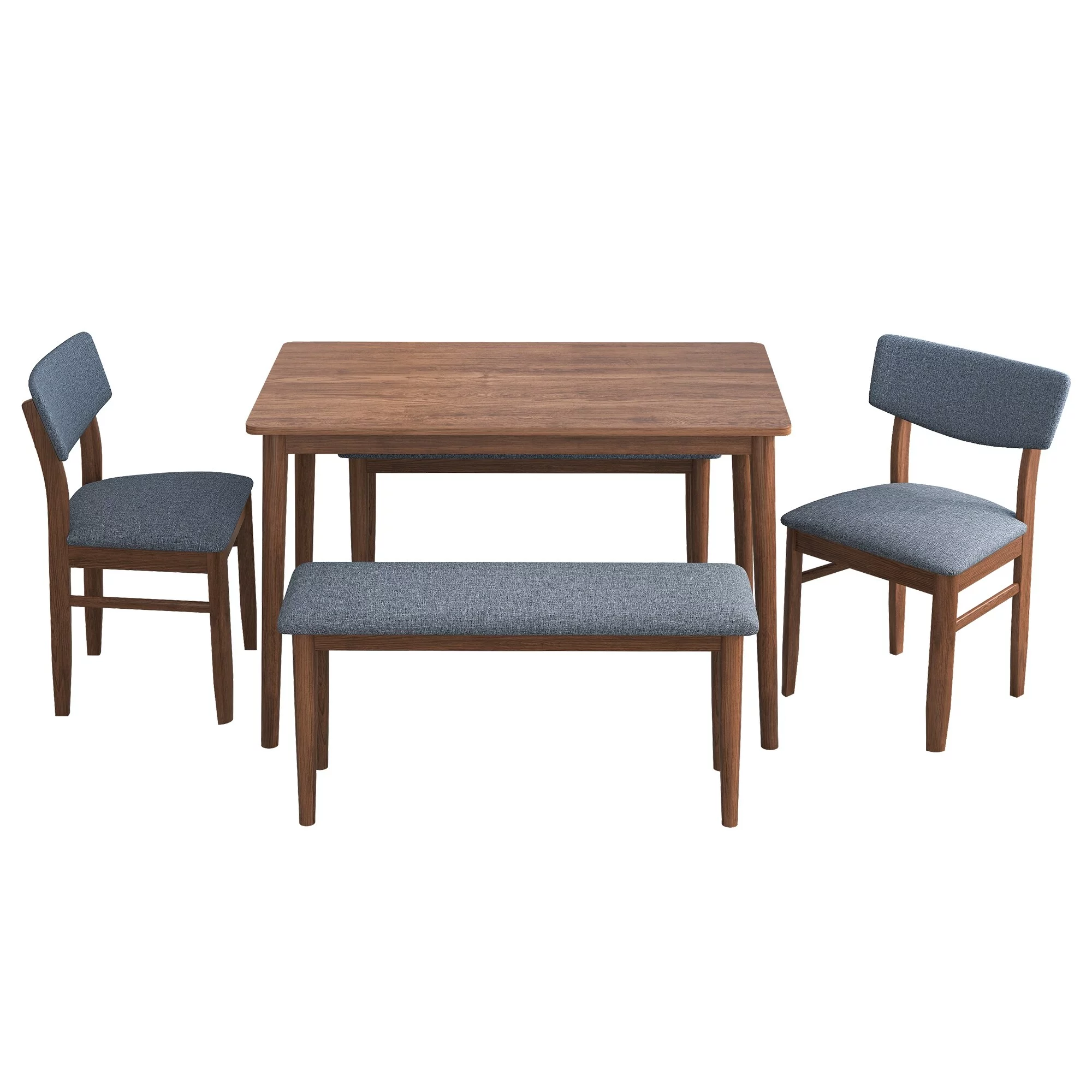 Walnut Retro 5-Piece Dining Table Set with Rubberwood Frame Table and Grey Fabric Cushioned Chair, Space-Saving Design