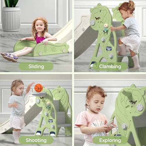 Toddler Slide for Toddler Age 1-3 Indoor Plastic Slide Outdoor Playground Climber Slide Playset with Basketball Hoop & Ring Game (Unicorns-Pink)