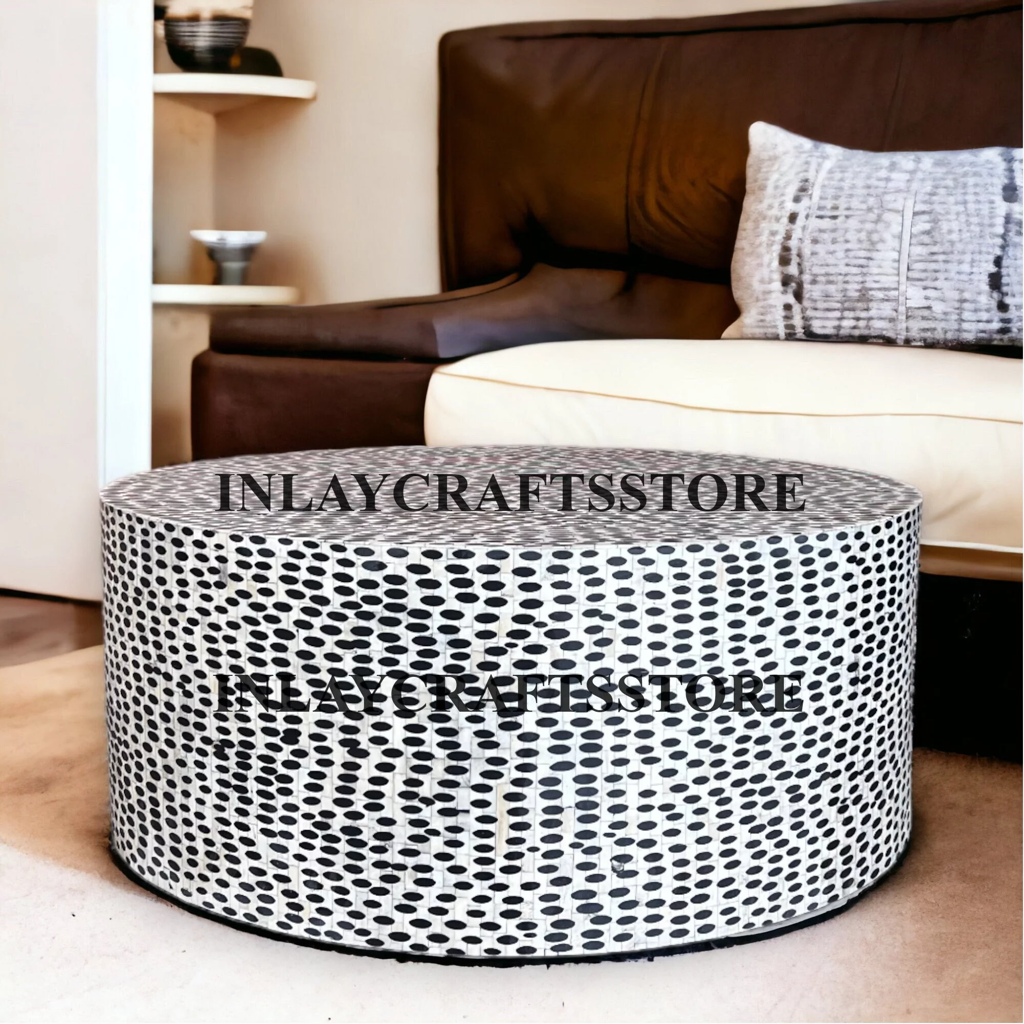 LAKECITY ARTS Bone Inlay Leopard Design Round Coffee Table Black, Bone Inlay Leopard Design Round Center Table Black