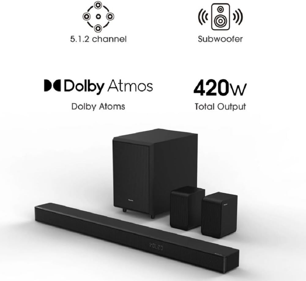 Hisense AX Series 5.1.2 Ch 420W Soundbar with Wireless Subwoofer & Wireless Rear Satellite speakers, and Dolby Atmos AX5120G (Renewed), Black