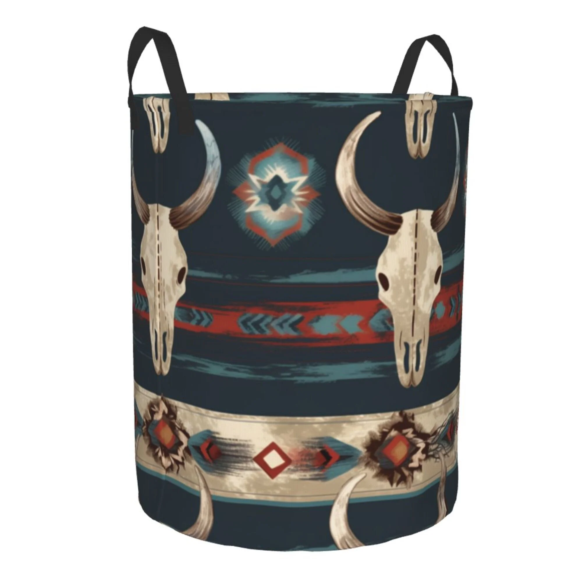 TEQUAN Waterproof Laundry Hampers, Vintage Ethnic Boho Bull Skulls Pattern Clothes Storage Basket with Handle (M)