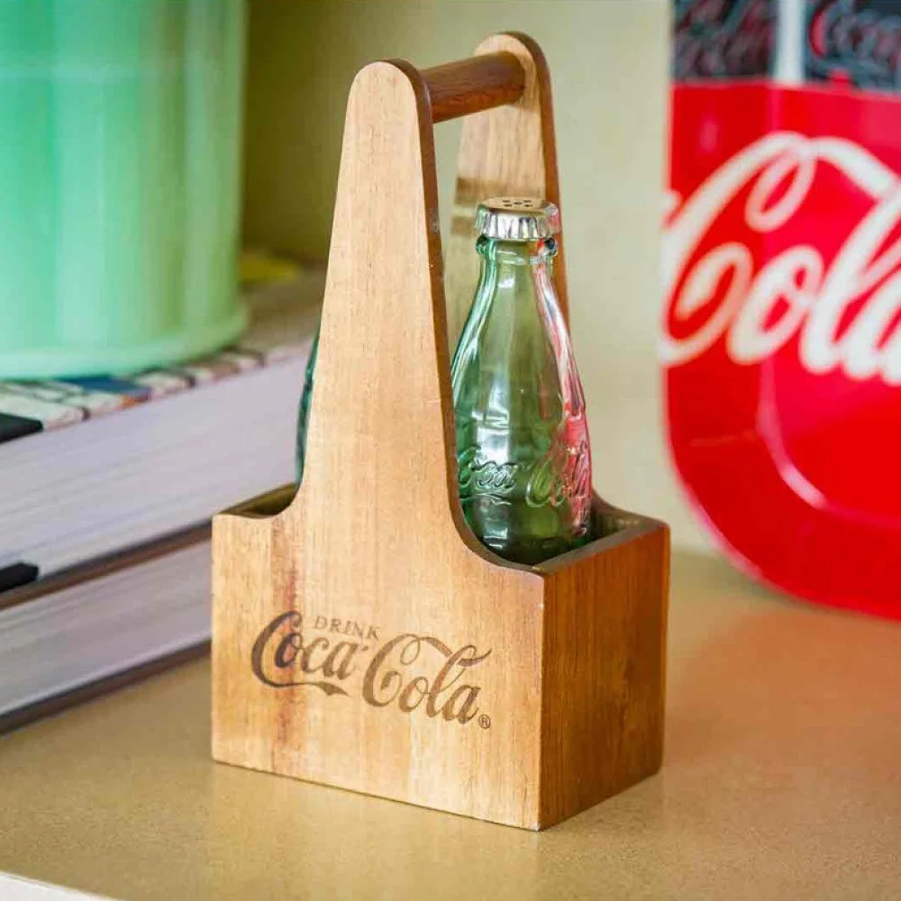 TableCraft 1oz Coca-Cola Salt & Pepper Shakers | Green Tinted Glass with Wooden Crate