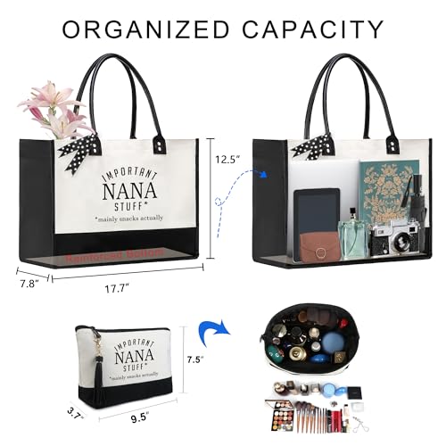 BeeGreen Mother's Day Gifts Personalized Women's Large White and Black Canvas Tote Bag, Embroidered Initials, Leather Handle, Zipper Closure