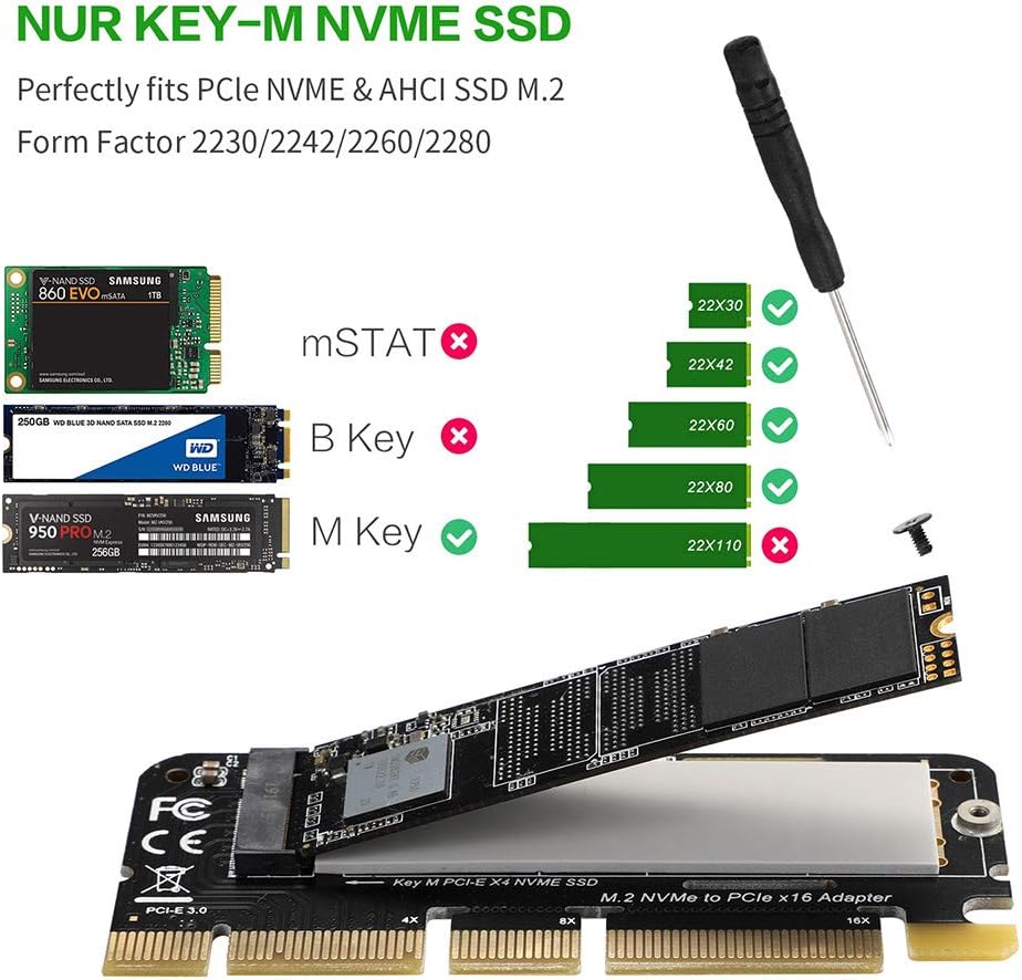 NVME PCIe x16 Adapter Card - BEYIMEI NVMe Adapter M.2 PCIe SSD to PCI-e x4/x8/x16 Converter Card with Heat Sink for M.2 (M Key) NVMe SSD 2230/2242/2260/2280 [Upgraded]
