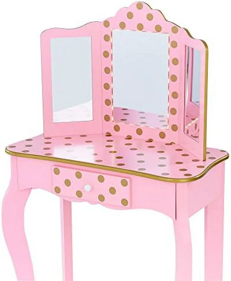 NLIBOOMLife Pretend Play  Vanity Table and Chair Vanity Set with LED Mirror  Dressing Table with Drawer Fashion Polka Dot Prints Gisele Play Vanity Set Pink/Rose Gold