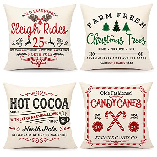 Farmhouse Christmas Pillow Covers 18x18 Set of 4 Winter Holiday Decorations Xmas Red White Rustic Throw Cushion Case for Sofa Couch Home Decor (Sleigh Rides, Farm Fresh Tree, Cocoa, Candy Canes)