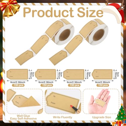 600 Pcs Natural Brown Kraft to and from Gift Tag Stickers 1.18