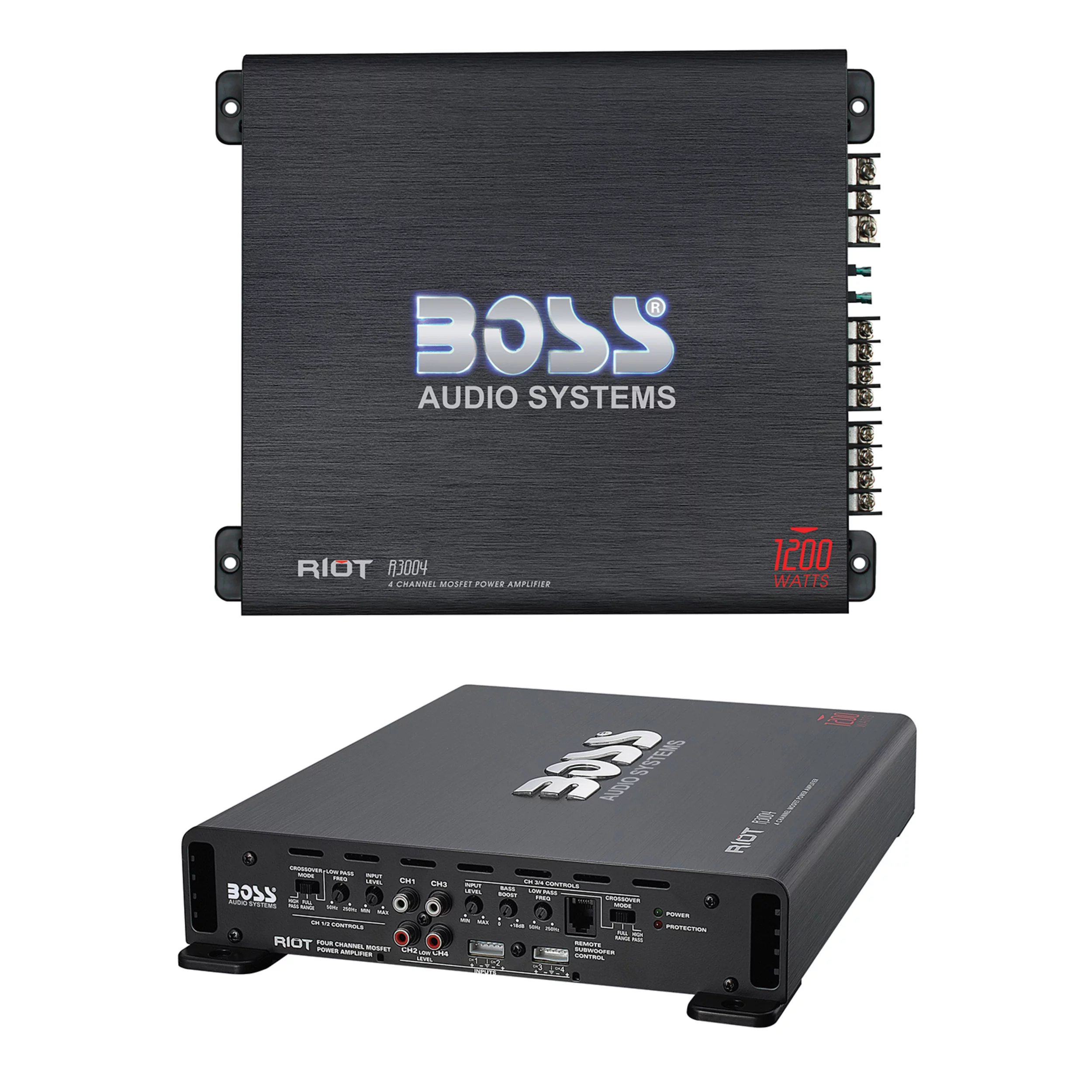 BOSS Audio Systems R3004 Riot Series Car Audio Stereo Amplifier - 1200 High Output, 4 Channel, Class A/B, 2/4 Ohm, Low/High Level Inputs, High/Low Pass Crossover, Full Range, Bridgeable, Subwoofer