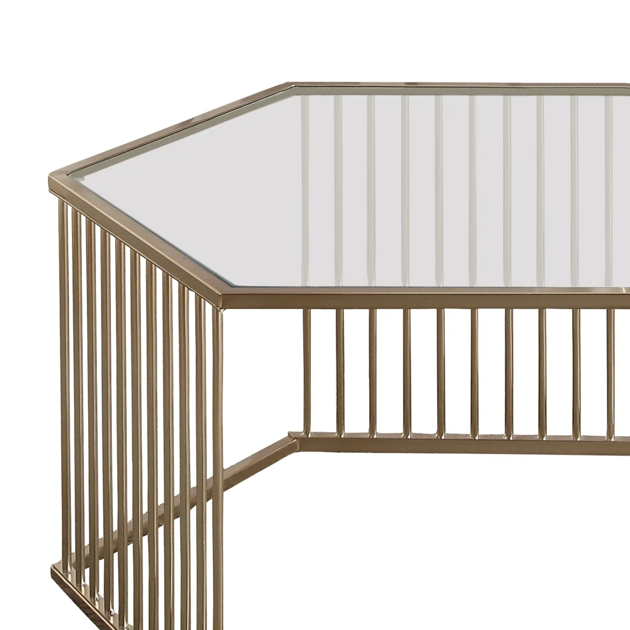 Mirrored Top Hexagon Coffee Table With Vertical Line Metal Base, Champagne and Clear- Saltoro Sherpi