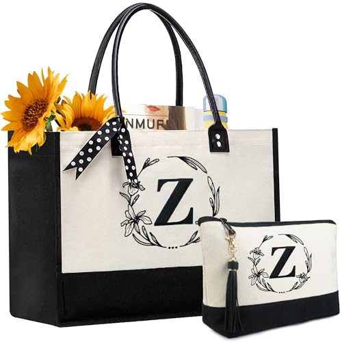 BeeGreen Mother's Day Gifts Personalized Women's Large White and Black Canvas Tote Bag, Embroidered Initials, Leather Handle, Zipper Closure