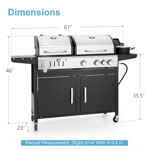 3 Burner Propane Gas and Charcoal Grill Combo with Side Burner & Porcelain-Enameled Cast Iron Grates, 37,000 BTUs 685 SQIN Dual Fuel Outdoor BBQ Grill for Patio Garden Picnic Backyard Barbecue Cooking