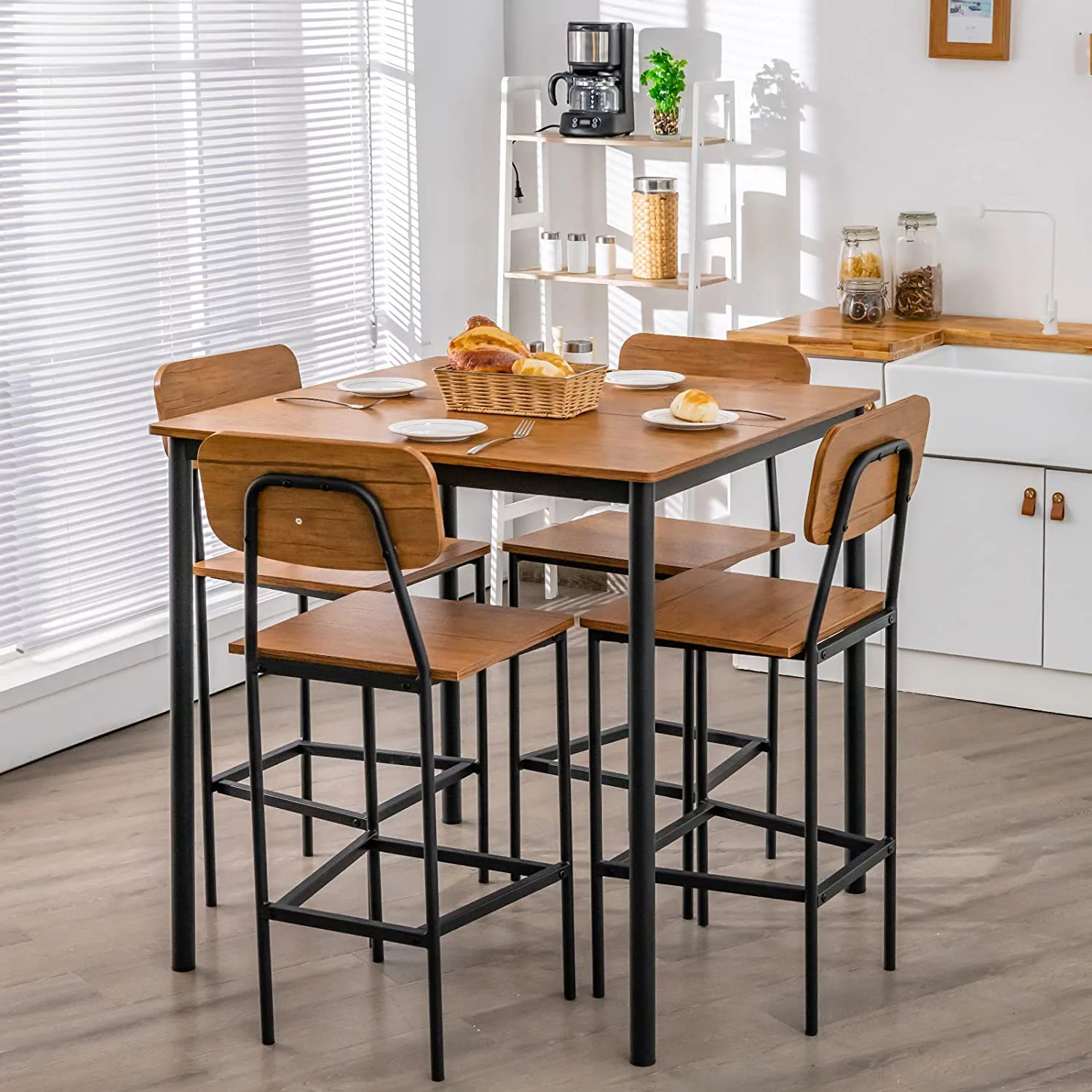 5-Piece Dining Table Set W/Counter Height Table & 4 Bar Stools, Industrial Kitchen Dining Table Set W/Footrest & Backrest, Space-Saving Dinette Set for Pub, Dining Room, Restaurant