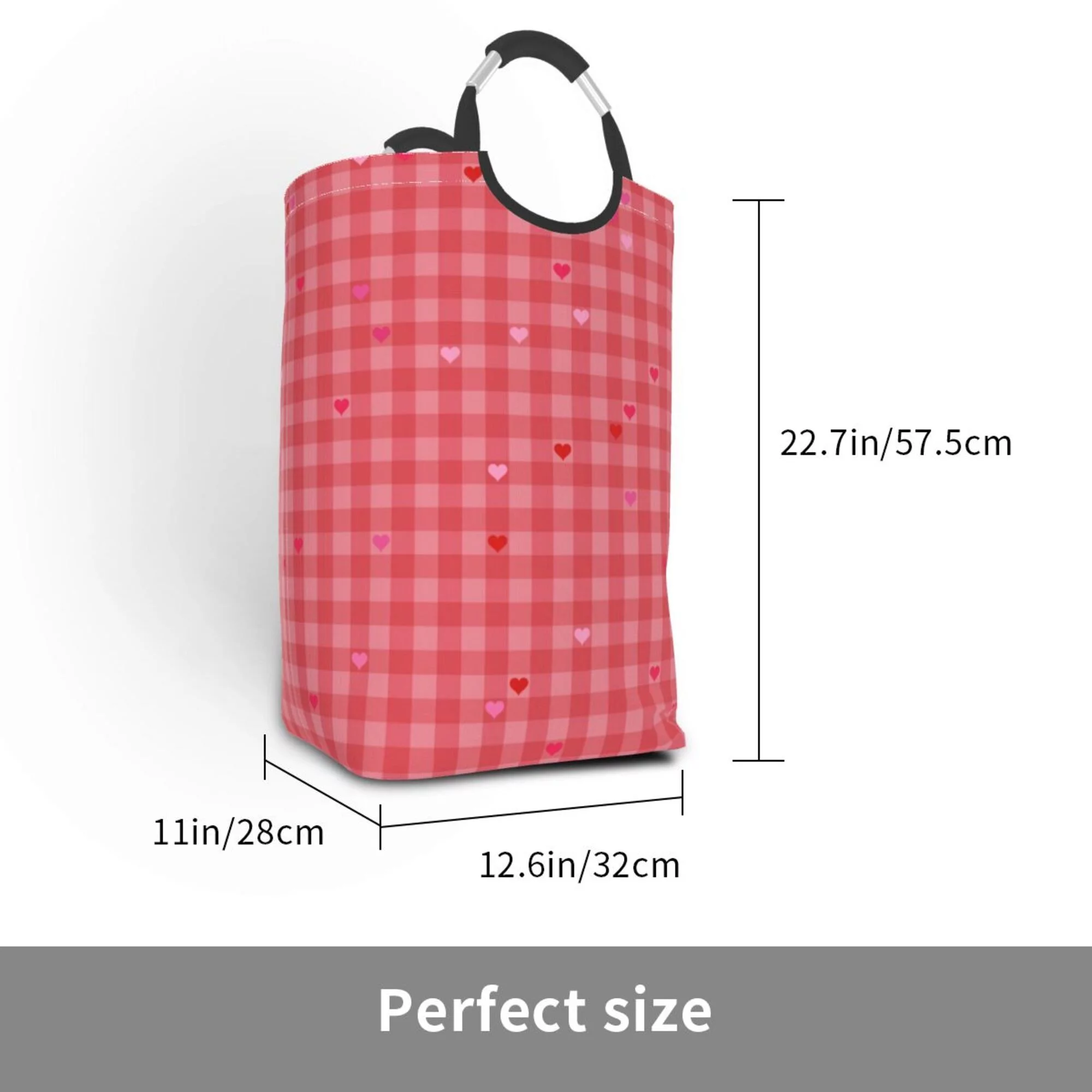 TEQUAN 50L Large Rectangular Laundry Hamper with Aluminum Handles, Red Hearts Love Checkered Prints Waterproof Foldable Dirty Clothes Basket