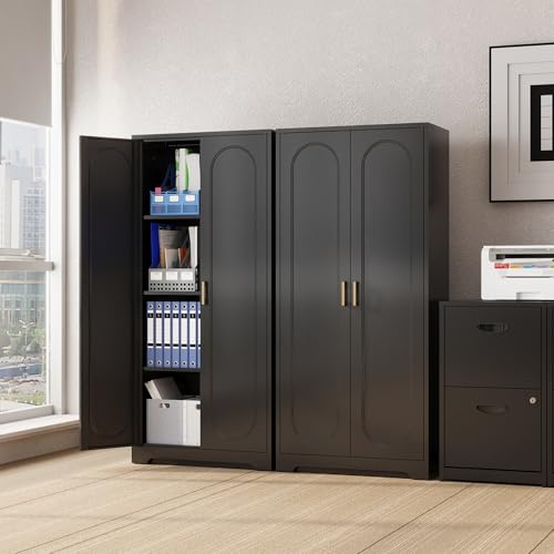 Kitchen Pantry Cabinet,71”Black Metal Pantry Storage Cabinet with Doors and 4 Adjustable Shelves,Kitchen Cabinet with 2 Gold Handles,Tall Cabinet for Livingroom,Pantry, Bathroom