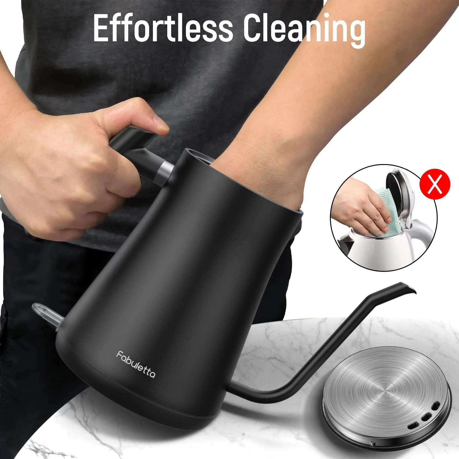 Fabuletta Electric Kettle(1L), 1500W BPA Free Gooseneck Electric Kettle, 100% Stainless Steel Pour Over Tea Kettle Coffee Kettle With UK STRIX Temperature Controller, Fast Heating, Auto ShutOff, Black