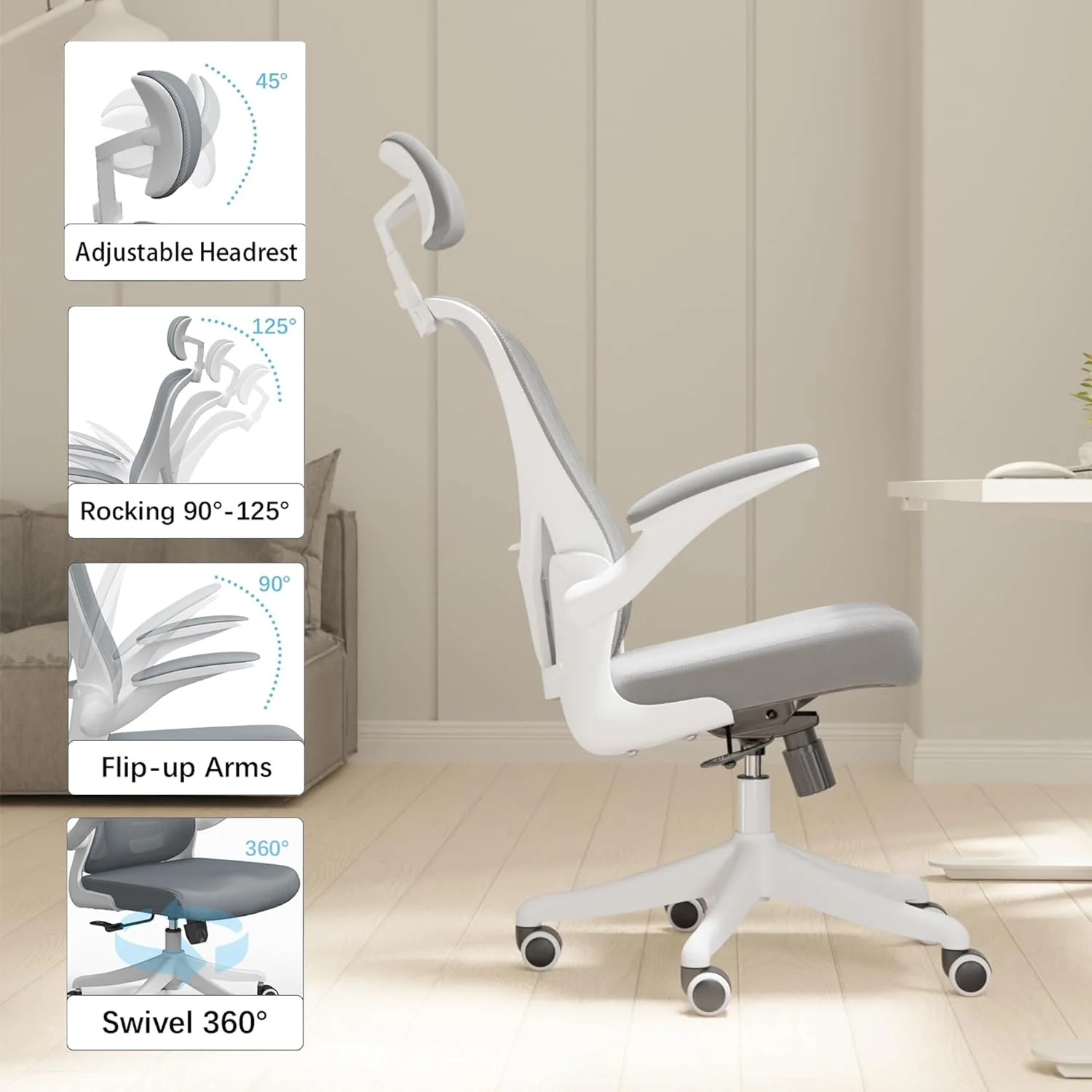 Mid Back Ergonomic Chair For Computer Home Desk with Flip-Armrest & Cushion for Lumbar Support, Thickened Cushion Desk Chairs Khaki