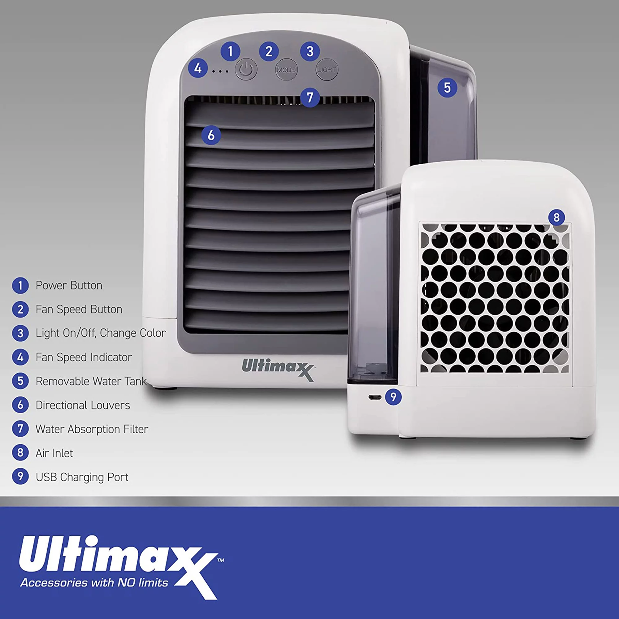 Ultimaxx Small Portable Air Conditioner Cordless AC Humidifier with 3 Speeds 2-Pack
