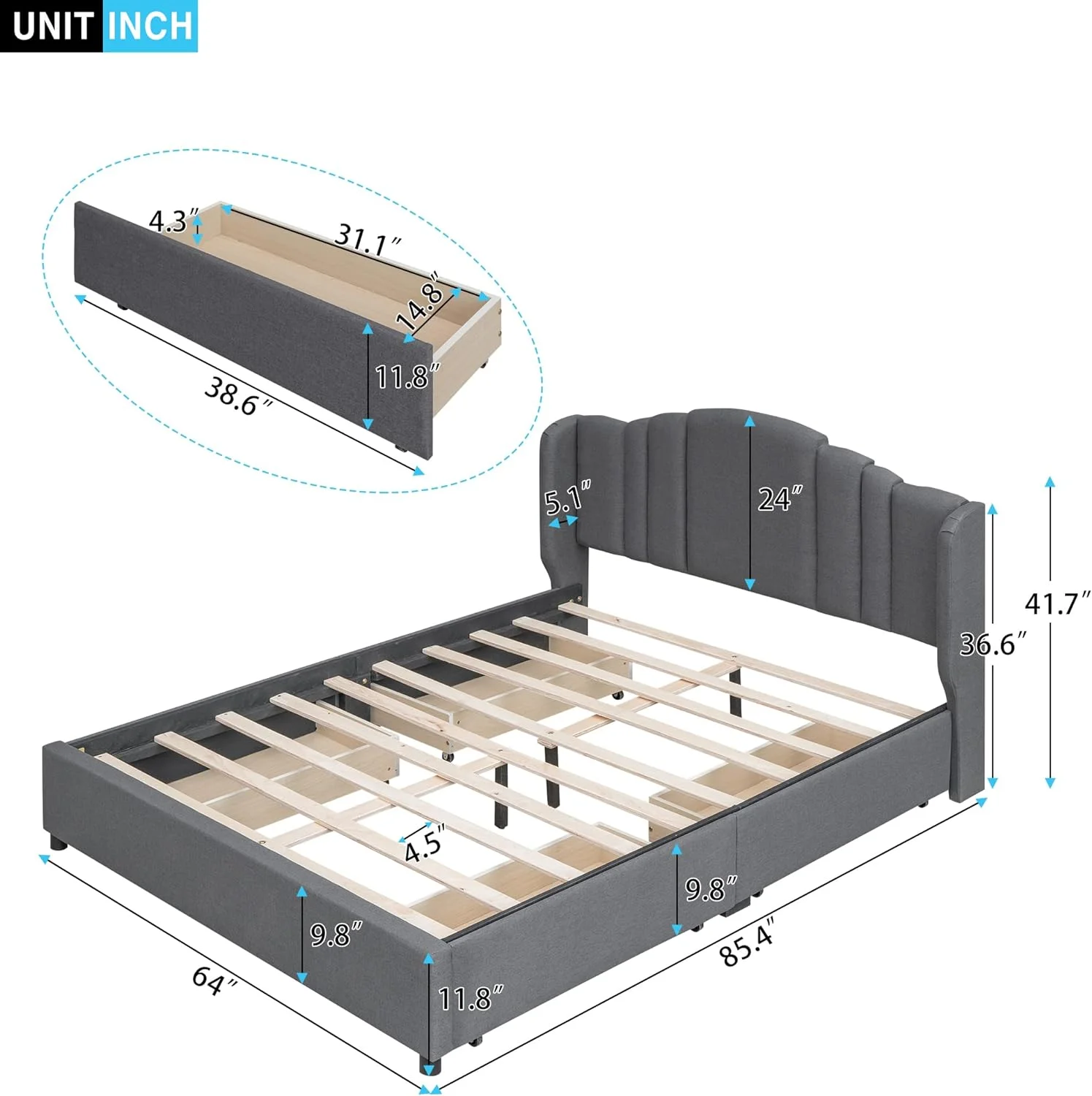 Quee Size Plaform Bed Lie Upholsered Plaform Beds Wih Wigback Headboard Ad 4 Drawers, Woode Bed Frame Quee For Bed Room, o Box Sprig eeded (Grey)