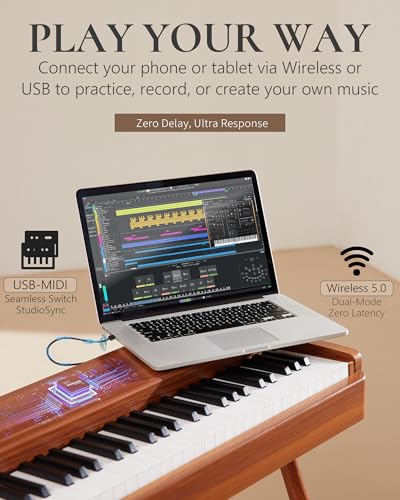 AKLOT Touchscreen Weighted Keyboard Piano: 88-Key Graded Hammer Action Digital Piano, Handcrafted Round-Edged Design, Triple Pedal, Stand, USB-MIDI, Headphone, Beginner Lesson Book (AUR-LS01 Walnut)