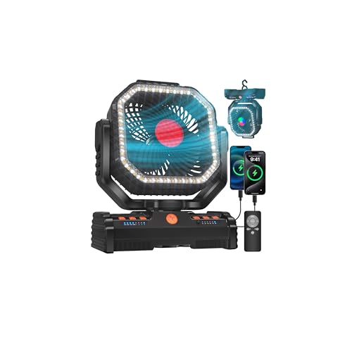 Battery Operated Powered Portable Camping Tent Fan with LED Lantern Light 20000mAh Rechargeable, Oscillating, 360° Rotating Hanging Hook, Cordless Fan for Outdoor Bedroom, Office(Blue)