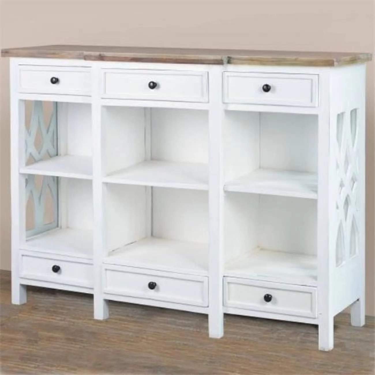 59 in. Cottage Lattice Display Console Table - Distressed White & Driftwood Brown