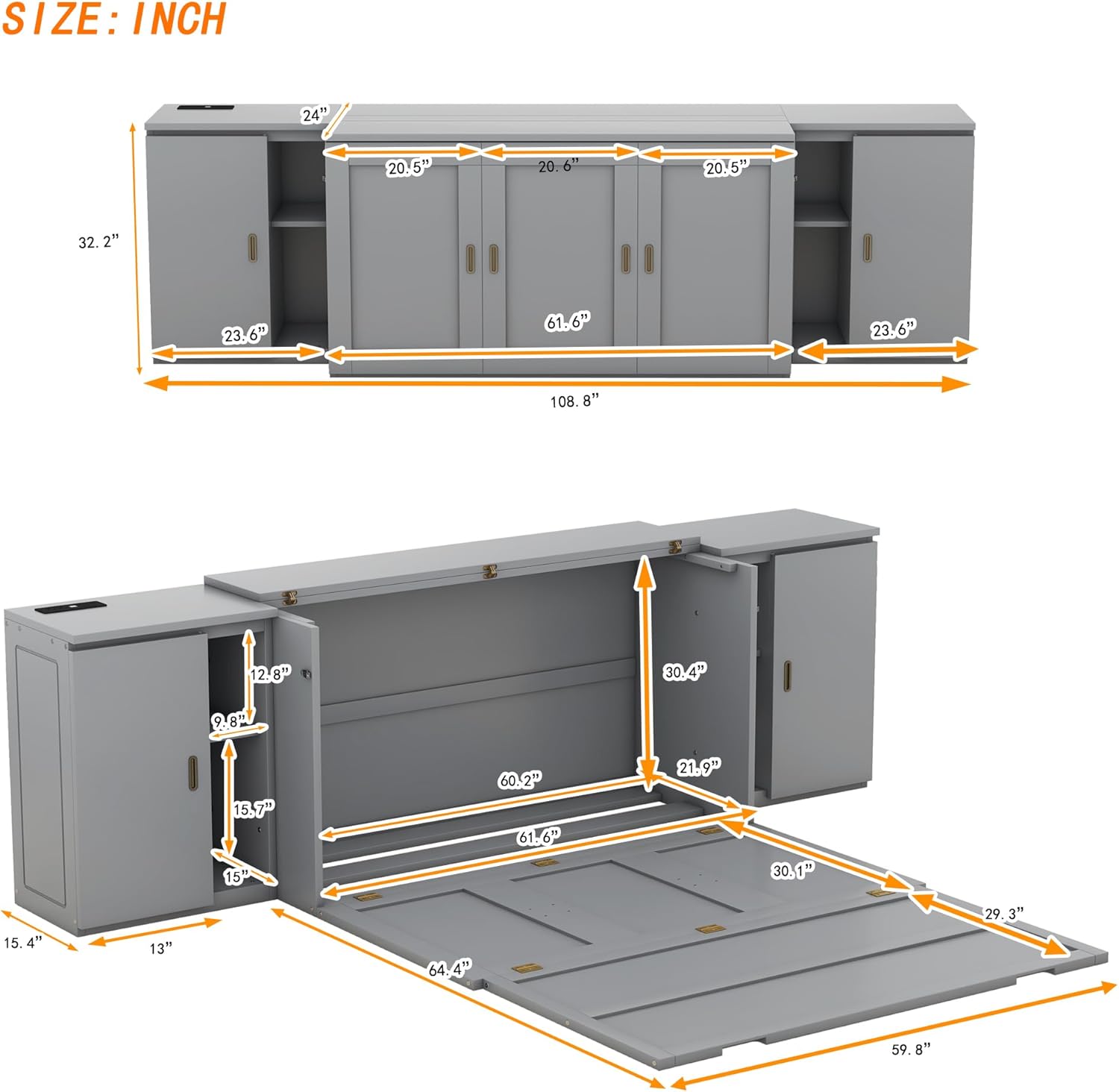 Queen Size Murphy Bed with Shelves, Cabinets and USB Ports, Can Change Into Cabinet, Save Space Design, for Bedroom, Apartments (Gray/Queen Size Murphy Bed-00B)