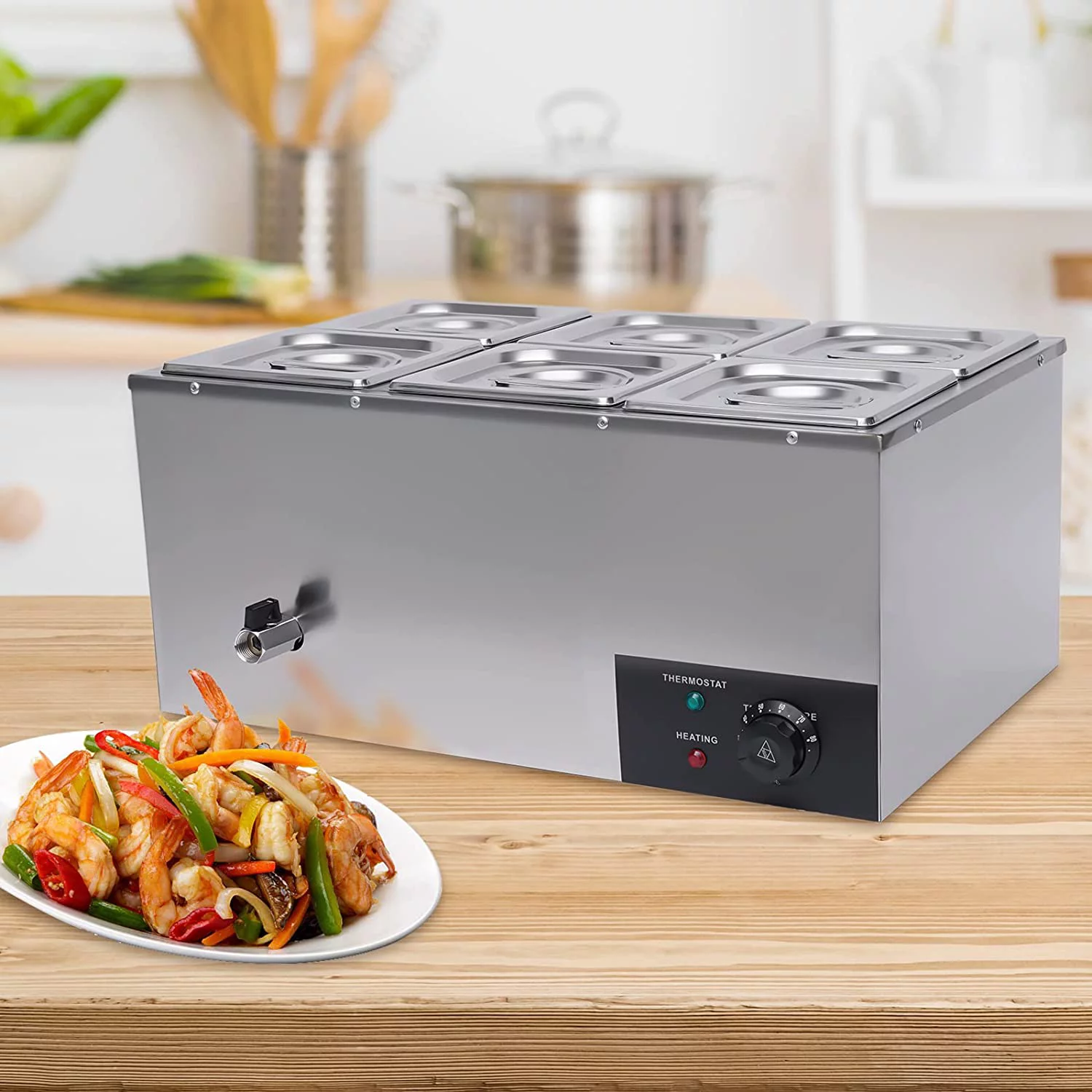 Miumaeov 110V 6-Pan Commercial Food Warmer with Adjustable Temperature from 30°c-85°c Home Food Steam Table Electric Countertop Food Warmer Restaurant Warming Buffet Server