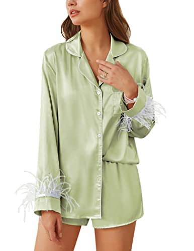 Ekouaer Women's Bridal Feather Trim Silk Satin Pajama Set Long Sleeve Lounge Sets Sleepwear (Removable Feather)