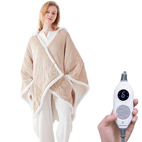 Westinghouse Wearable Heated Throw Blanket, Electric Heated Wrap Poncho Shawl with Pockets, 6 Heating Levels & 2 to 10 Hours Time Settings, 50 x 60 Inch, Light Grey