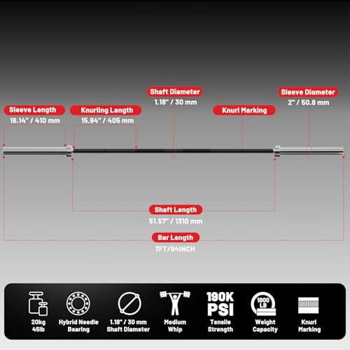PAPABABE Olympic Barbell, 2-inch 45lb/35lb Weight Bar for Strength Training. 6.5ft/7ft Olympic Bar, 1000lb Plus Capacity, Chrome/Zinc Plating, knurled Grip for Bench Press Deadlift Squat