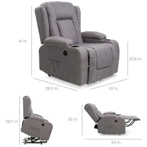Best Choice Products Modern Linen Electric Power Lift Chair, Recliner Massage Chair, Adjustable Furniture for Back, Legs w/ 3 Positions, USB Port, Heat, Cupholders, Easy-to-Reach Button - Black