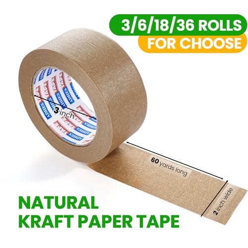 ADHES Kraft Paper Tape, 2 Inch x 60 Yards x 3 Rolls, Biodegradable Paper Packing Tape Writable & Uncoated Brown Shipping Tape for Shipping, Moving, Sealing
