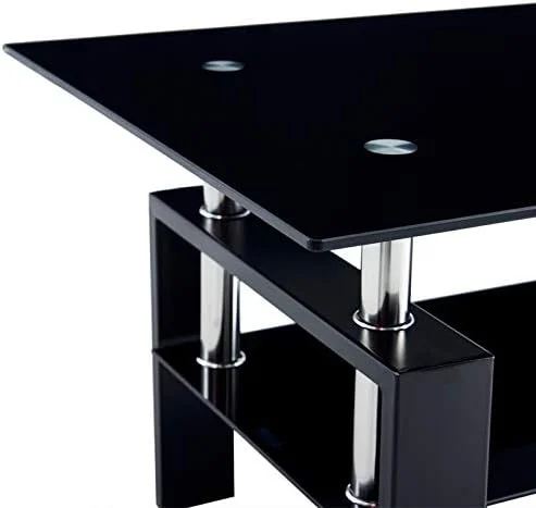 KHBIULIFE 43.3 Inch Rectangle Glass Black Coffee Table  Clear Coffee Table，Modern Side Center Tables for Living Room  with Solid Wooden feet (Black-Round)
