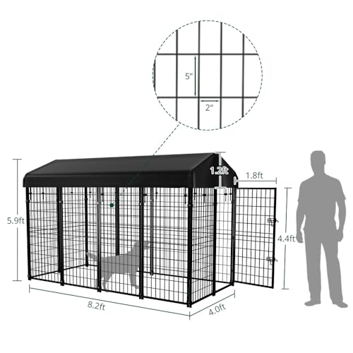 Dog Kennel Outside with Roof, 8'x6'x4' Outdoor Dog Kennels for Large Dogs, Heavty Duty Welded Dog Crate Playpen with UV-Resistant Waterproof Cover