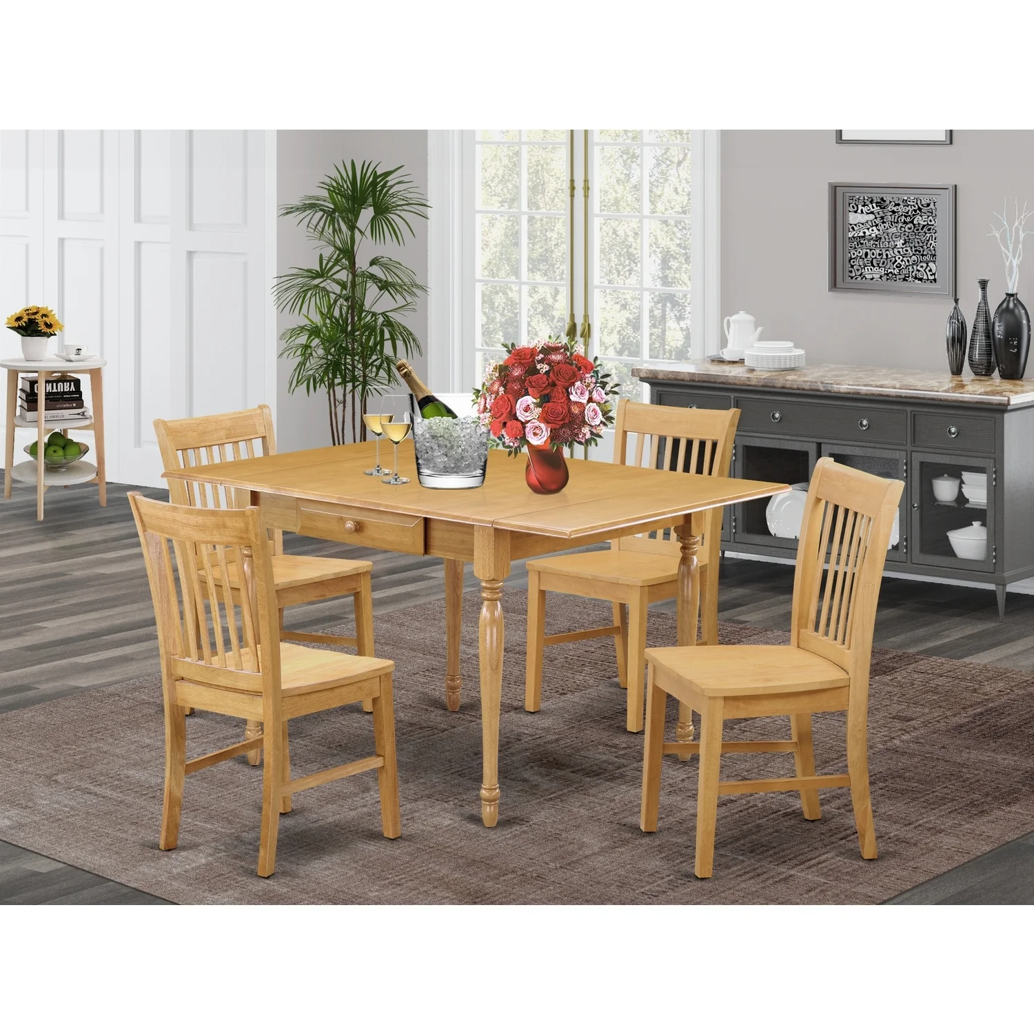 HomeStock Bohemian Bliss 5 Pieces Modern Dining Table Set - Strong Drop Leaf Solid Wood Dining Table And 4 Real Wood Seat Dining Room Chairs, Oak Finish