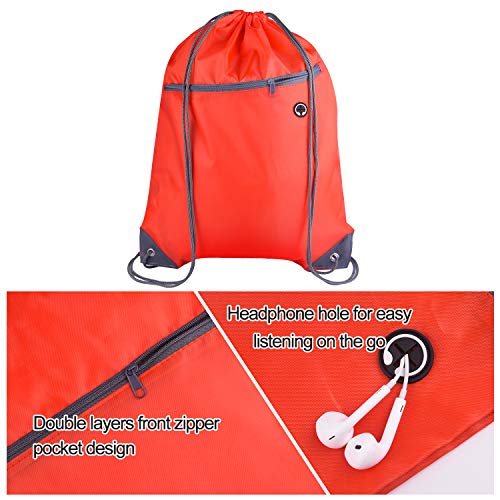 KUUQA 12Pcs Drawstring Backpack Bags Bulk with Zipper Pocket and Headphone Hole（Black）