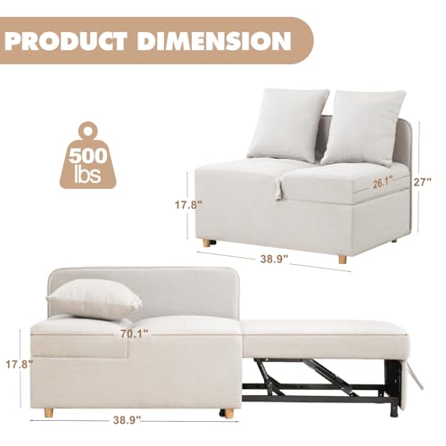 3-in-1 Sleeper Sofa Chair Bed,3-Seat Linen Fabric Loveseat Sofa,Convertible Sofa Bed with 2 Throw Pillows for Living Room,Apartment Small Space (Beige)