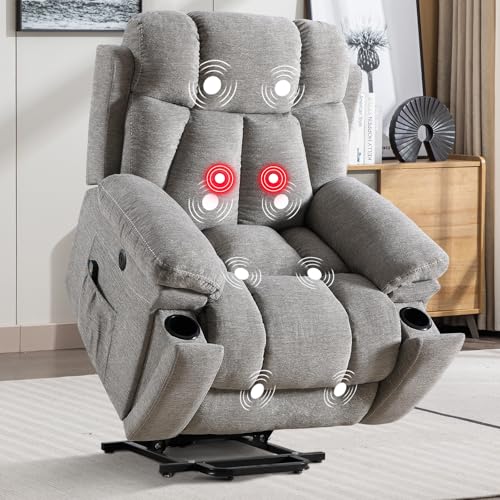 Phoenix Home Large Power Lift Recliner Chair with Massage and Heat for Elderly, Overstuffed Wide Recliners with 2 Cup Holders, Side Pocket and USB Port, Dark Gray