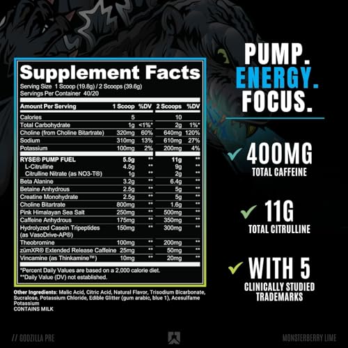 RYSE Up Supplements Noel Deyzel x Godzilla Pre Workout | Intense Pumps, Energy, & Focus | Citrulline & Beta Alanine | 400mg Total Caffeine | 40 Servings (Passion Pineapple)