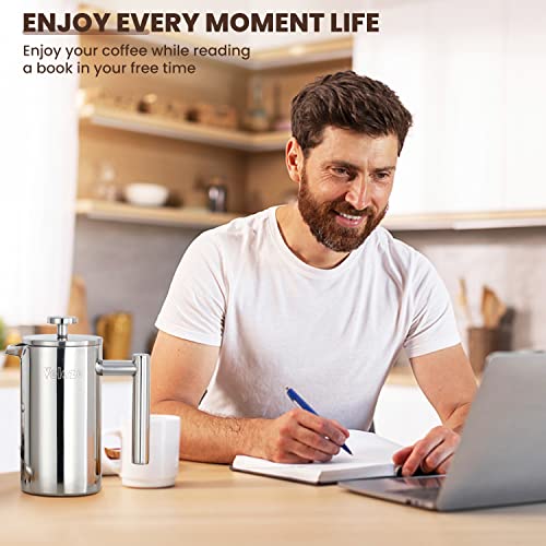 Velaze French Press Coffee Maker 34oz, Double Wall Insulated French Coffee Press Stainless Steel, 1L Coffee Maker Included 4 Extra Fliters and 1 Coffee Spoon, Silver