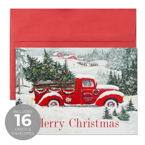 Masterpiece Holiday Greetings Trimmed In Scarlet Christmas Cards / 16 Boxed Snowy Cardinal Wreath Holiday Cards With Silver Foil Lined Envelopes / 5 5/8