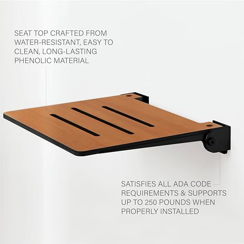 Seachrome 18 inch Silhouette Slimline Folding Wall Mount Shower Bench Seat, Rustic Teak Seat with Silver Frame