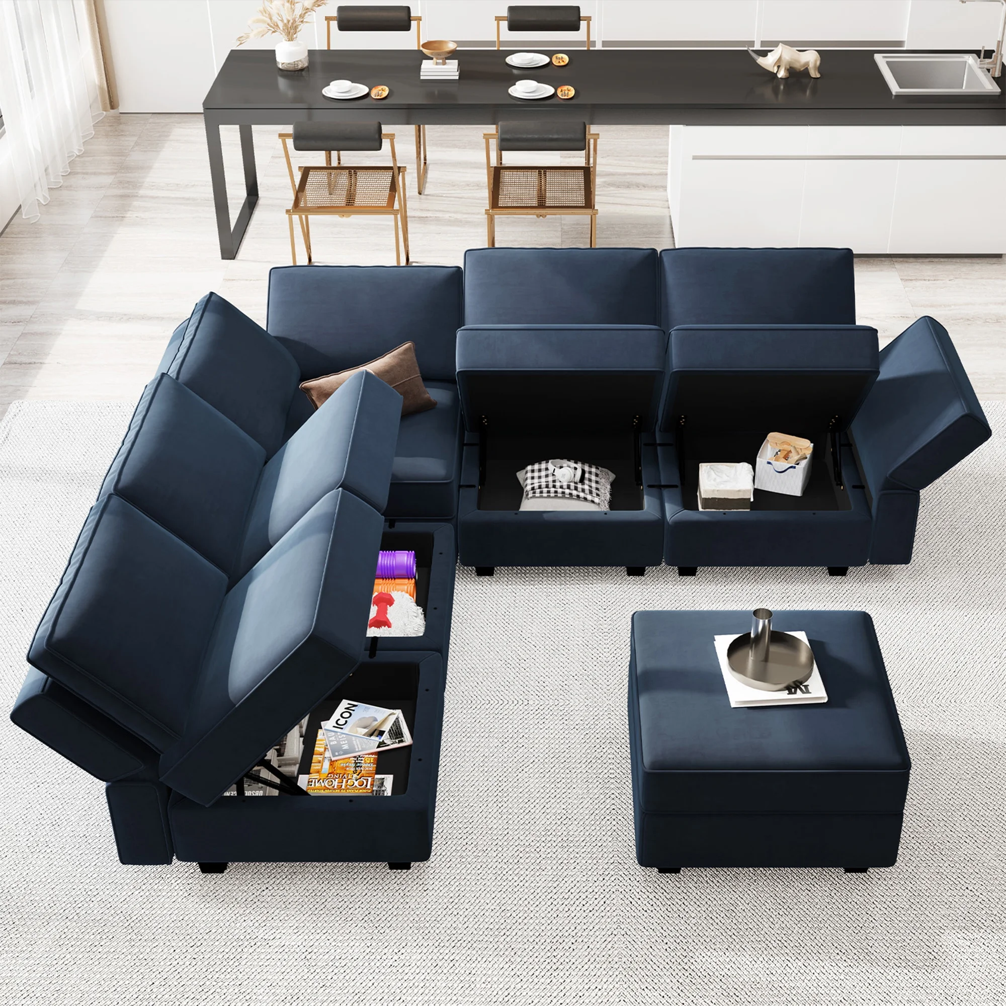 Belffin Modular Sectional L Shaped Sofa with Storage Velvet Convertible Chaise Couch 6 Seats Blue