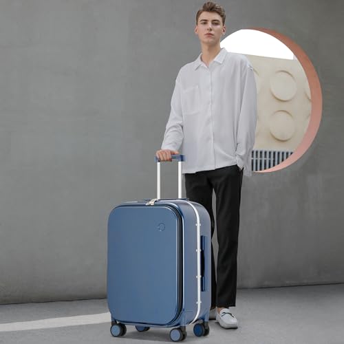 mixi Carry On Luggage, 20'' Suitcase with Front Laptop Pocket, Travel Rolling Luggage Aluminum Frame PC Hardside with Spinner Wheels & TSA Lock and Cover - Smoke White