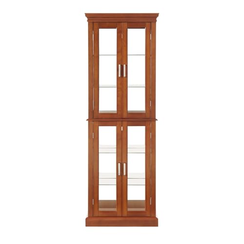 Curio Cabinet Lighted with Adjustable Shelves, Wooden Floor Standing Glass Display Cabinet with Mirrored Back Panel, Curio Showcase Art Wood Storage Case with Tempered Glass Doors (Cherry)