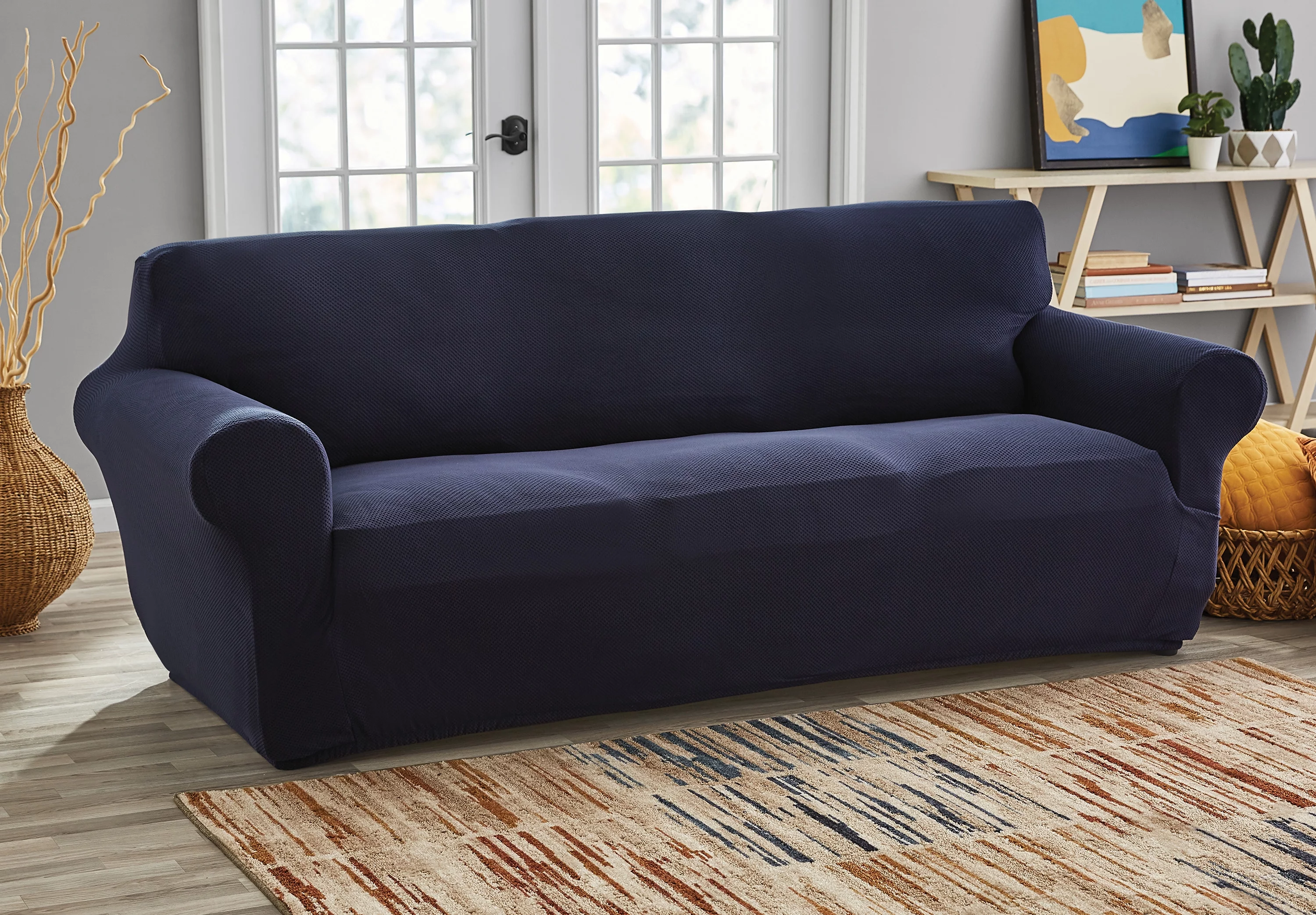 Mainstays Pixel Stretch Fabric Sofa Slipcover, Navy Blue, 1 Piece